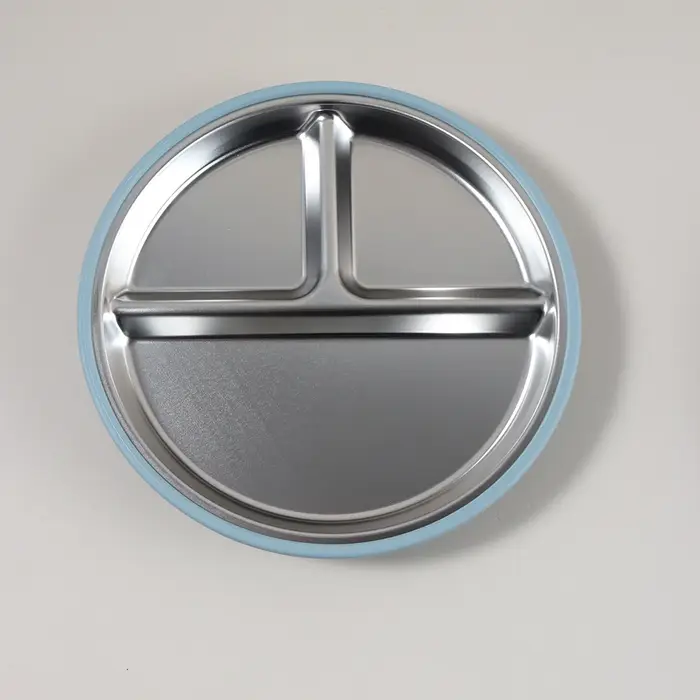 Assiette pour enfants en acier inoxydable avec bord en silicone, 3 compartiments, assiette divisée p