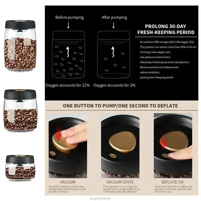1 boîte de rangement pour grains de café avec couvercle hermétique et système de pression sous vide en verre