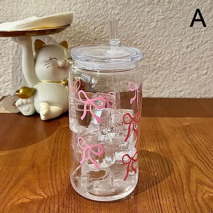 Gobelets en plastique à nœud rose de 500ml, avec couvercles et pailles, tasse esthétique à nœud réut