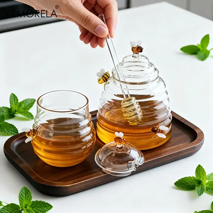 1 pièce Récipient à miel en verre alvéolé avec cuillère
