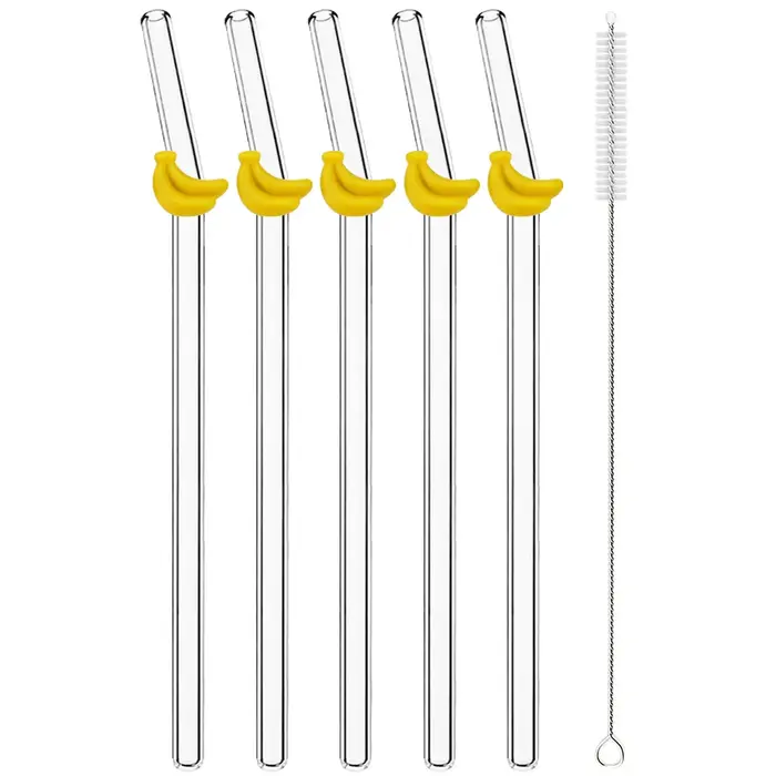 Ensemble de pailles en verre à haute teneur en Borosilicate, 5 pièces, autocollants créatifs pour fruits, thé au lait, jus, paille à Cocktail avec brosse, accessoires de Bar