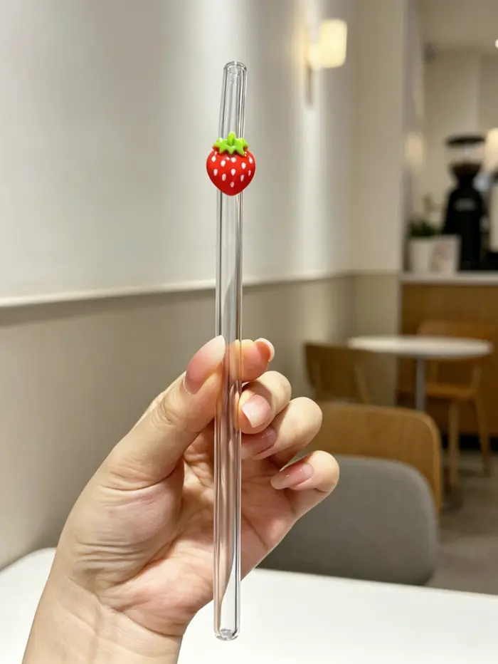 Pailles en verre courbées rouge fraise (1/3/6 pièces) pour boissons chaudes et froides, fournitures de cuisine, décoration de camping, cadeau de vacances et accessoire photo