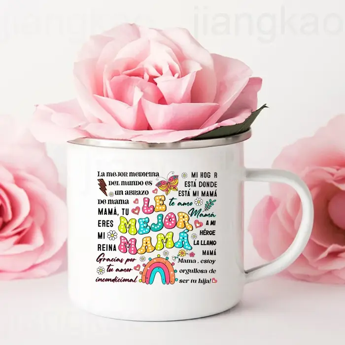 Tasse à café en émail imprimé espagnol pour mère courageuse