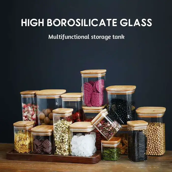 Récipients de stockage de nourriture en verre avec couvercle en bois