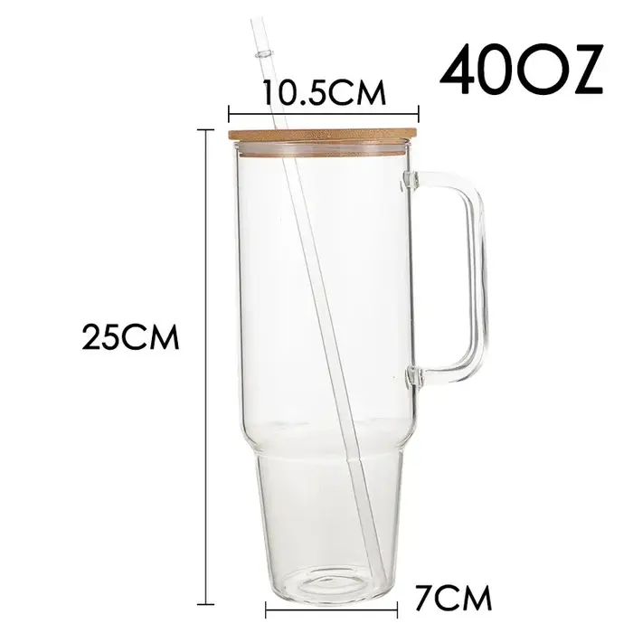 Tasse en verre avec poignée et couvercle en paille