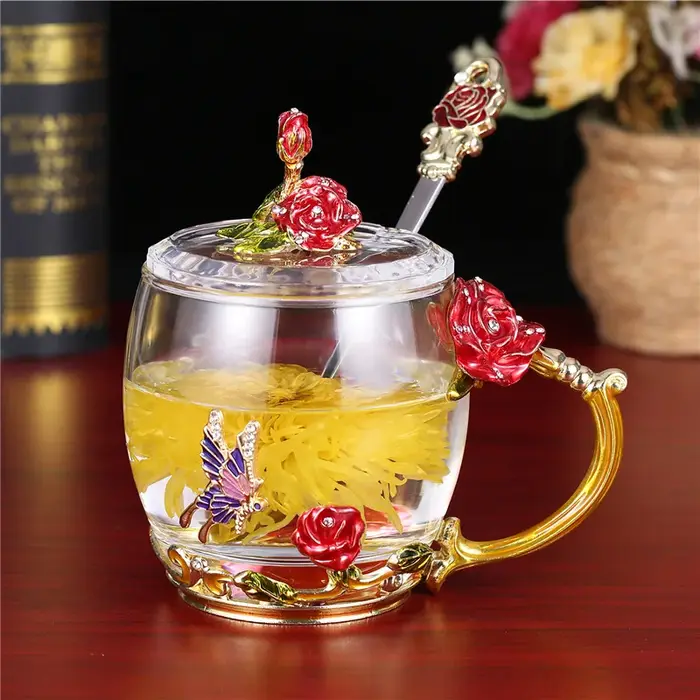 Tasse d'eau en verre émaillé en relief fleur de Rose