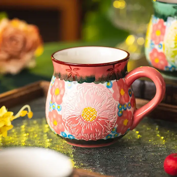 Tasse en céramique à fleurs Vintage faite à la main