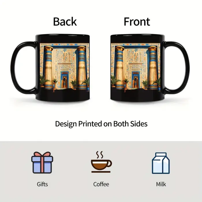 Un temple égyptien noir conçu une tasse en céramique avec hiéroglyphes et colonnes convient à boire du café