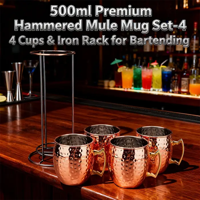 Ensemble de 4 tasses Moscow Mule de 500 ml avec support en fer