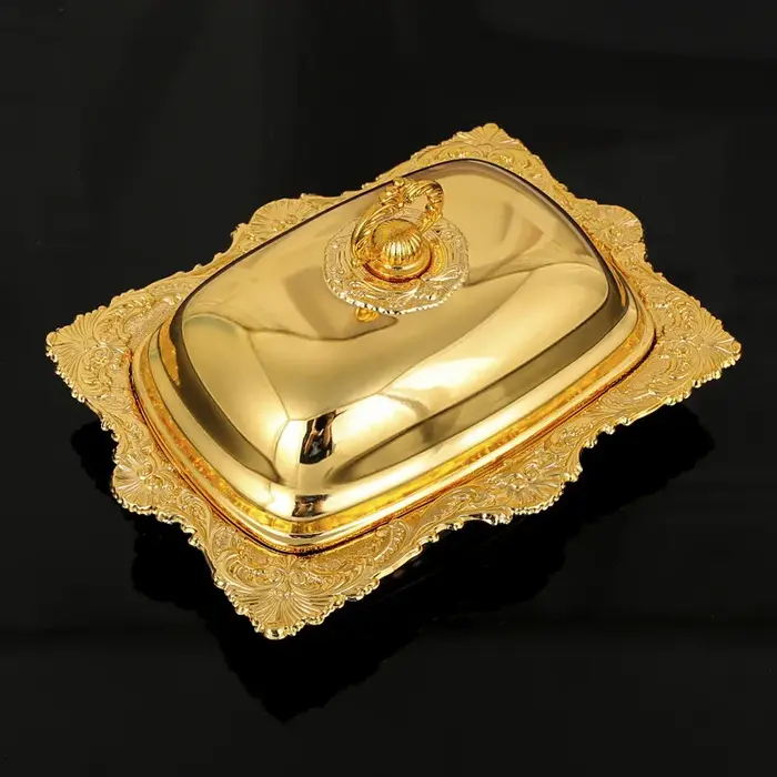 Beurrier en métal avec couvercle, assiette en verre, garde-fromage hermétique vintage doré, récipien