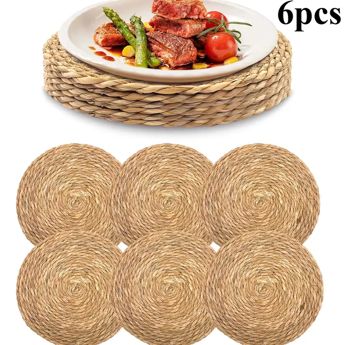 Napperons en rotin tissés à la main de 6 pièces – tapis de table ronds tissés