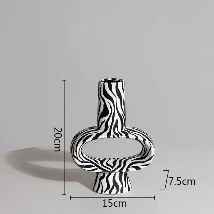 Vase en céramique à rayures zébrées, décoration de bureau géométrique noir et blanc, Arrangement flo