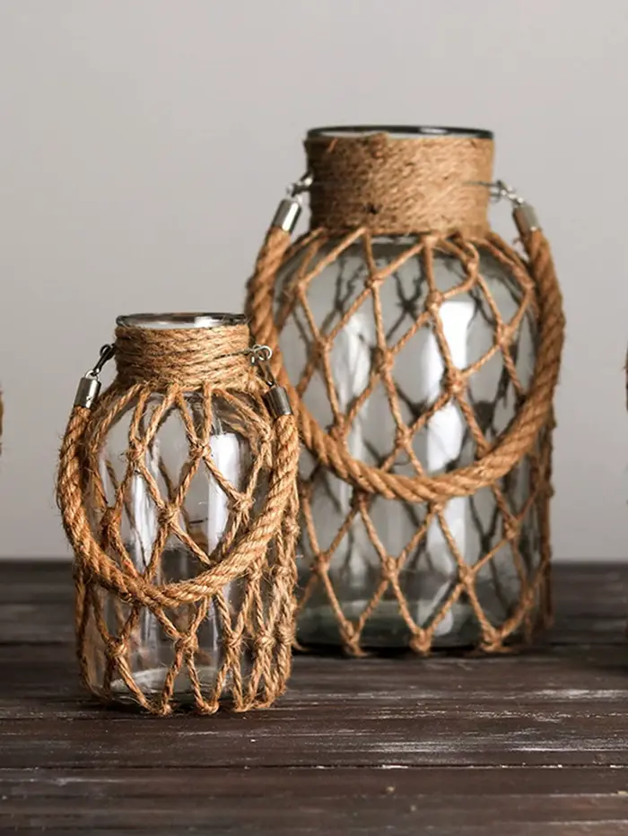 Vase en verre en corde de chanvre tissé à la main