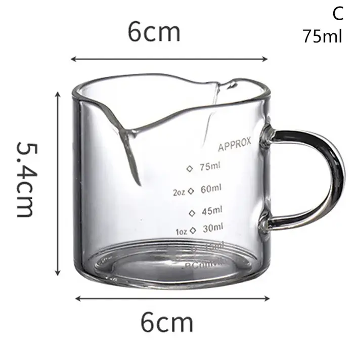 Verre doseur à expresso 70/75 ml avec double bec verseur, poignée résistante à la chaleur, échelle g