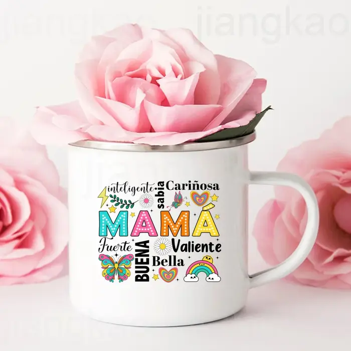 Tasse à café en émail imprimé espagnol pour mère courageuse