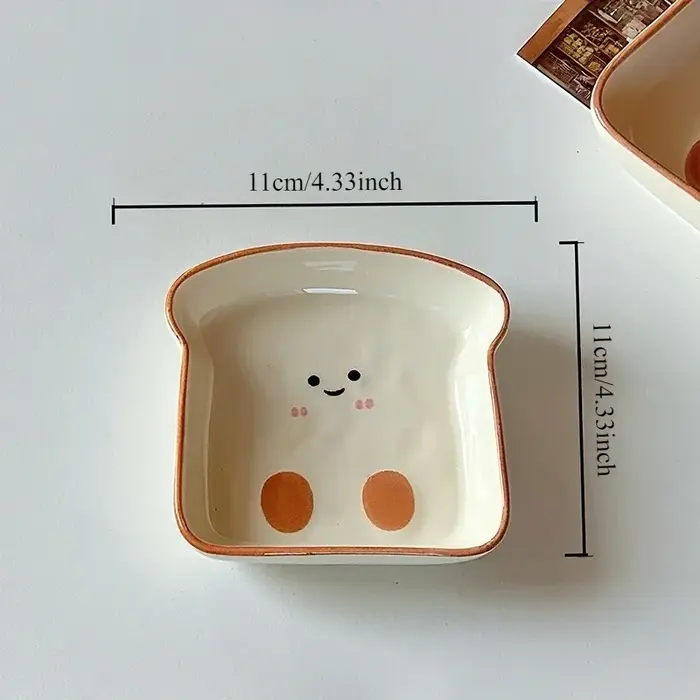 Assiette en céramique mignonne en forme de toast, style coréen INS, vaisselle de dessin animé pour l