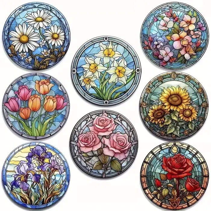 Ensemble de 8 dessous-de-verre en bois à thème floral