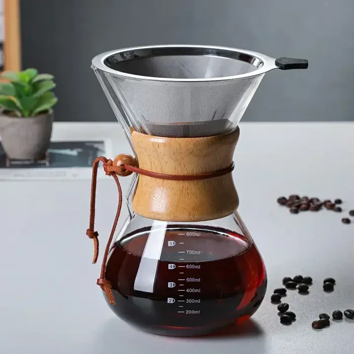 Bouilloire à café en verre à main avec filtre en acier inoxydable