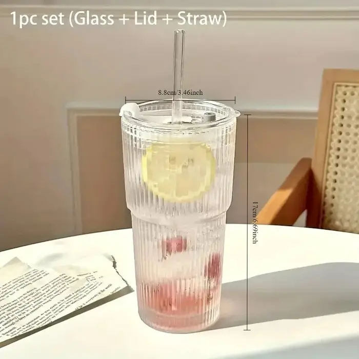 Tasse à café en verre rayée avec couvercle et paille, gobelet transparent pour jus et café glacé, st