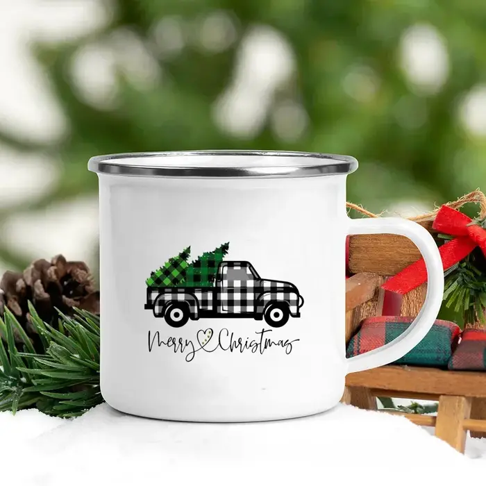 Tasses en émail imprimées pour fête de Noël, fête de Noël, dessert, cacao chaud, chocolat, poignée, 