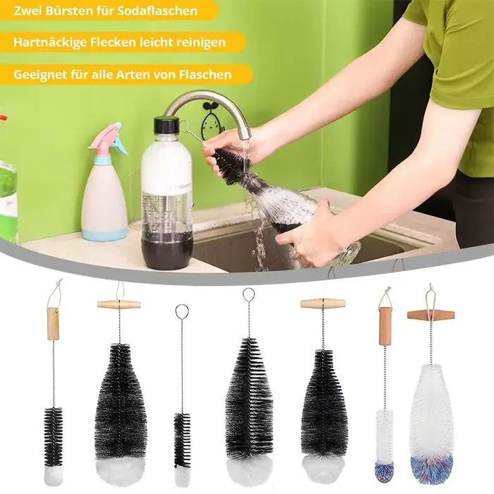 Bouteille en verre à vin avec manche en bois de hêtre, nettoyeur de pots, bouteille de soda, brosse 
