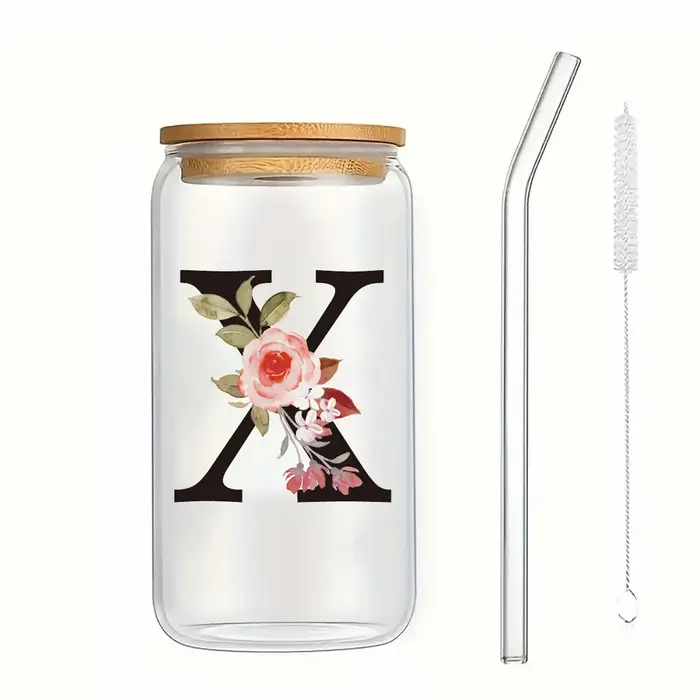 500ml Lettre Fleur A-Z Café standardisation Bureau Maison 16OZ Verre Tasse Avec Bambou Veds et Paill