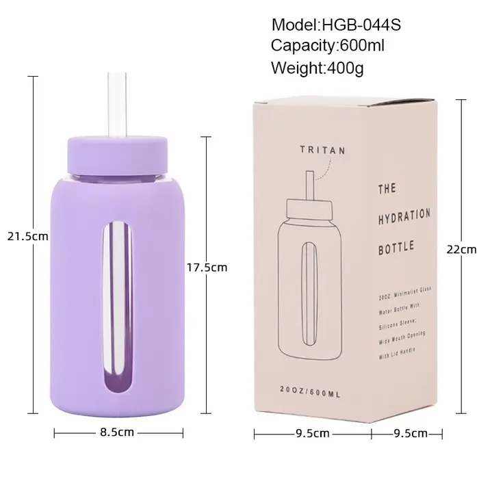 Bouteille d'eau en verre monocouche de grande capacité de 600ml