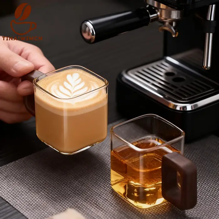 TINA WIMCN 4 pièces 90ml petite capacité tasse à café en verre moulu avec manche en bois de noyer maison petit déjeuner lait thé tasses Drinkware