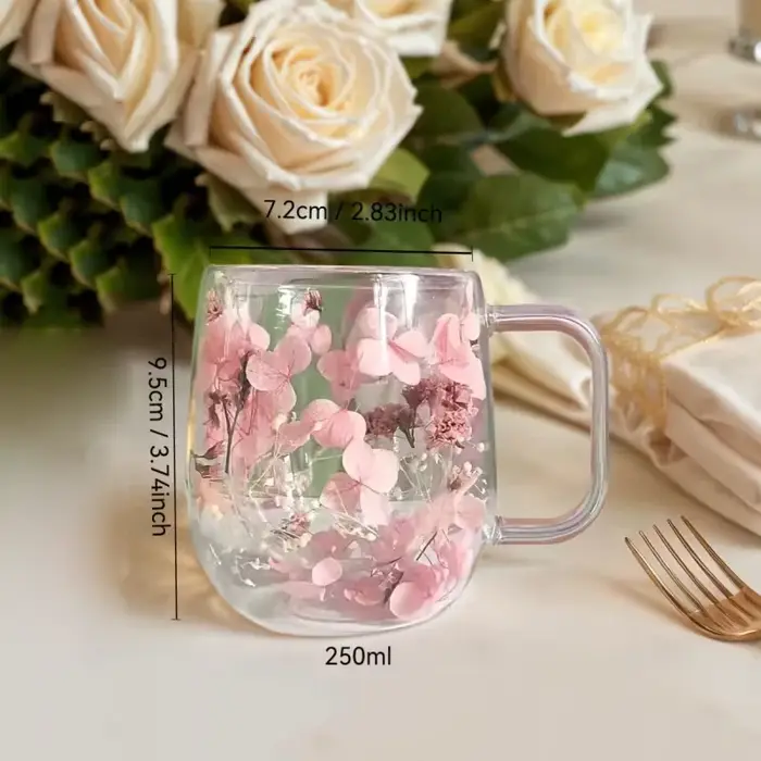 (PLUM) 1 tasse à café en verre à double paroi avec un véritable motif de fleurs à l'intérieur, adapt