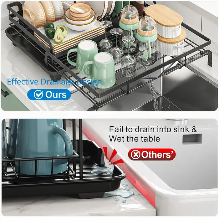 Égouttoir à vaisselle extensible avec porte-couverts et bec de drainage pivotant