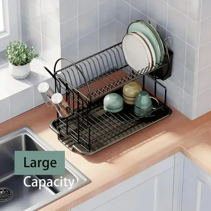 Égouttoir à vaisselle à 2 niveaux avec plateau de drainage, égouttoir à vaisselle, support de rangement pour comptoir de cuisine, porte-gobelets, porte-couteaux et porte-fourchettes