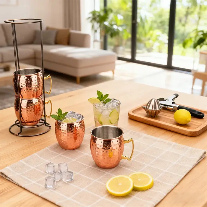 Ensemble de 4 tasses Moscow Mule de 500 ml avec support en fer