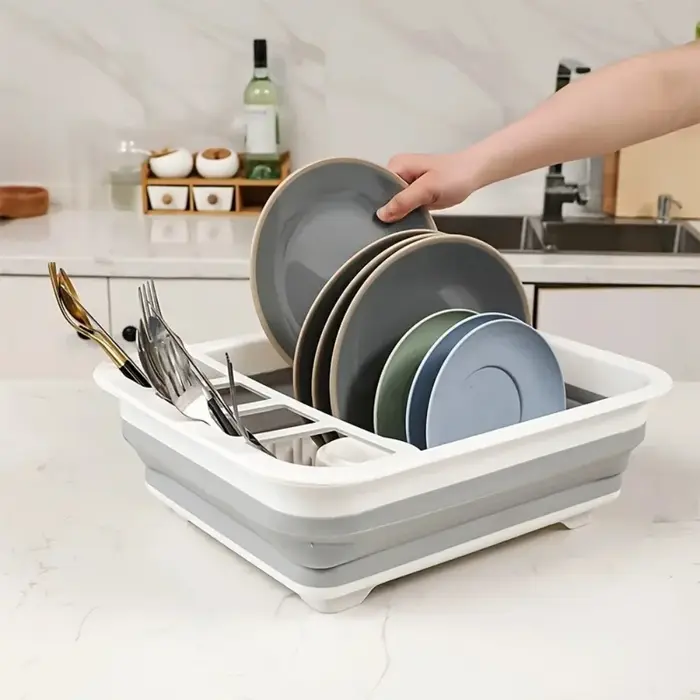 Égouttoir à vaisselle pliable avec porte-ustensiles