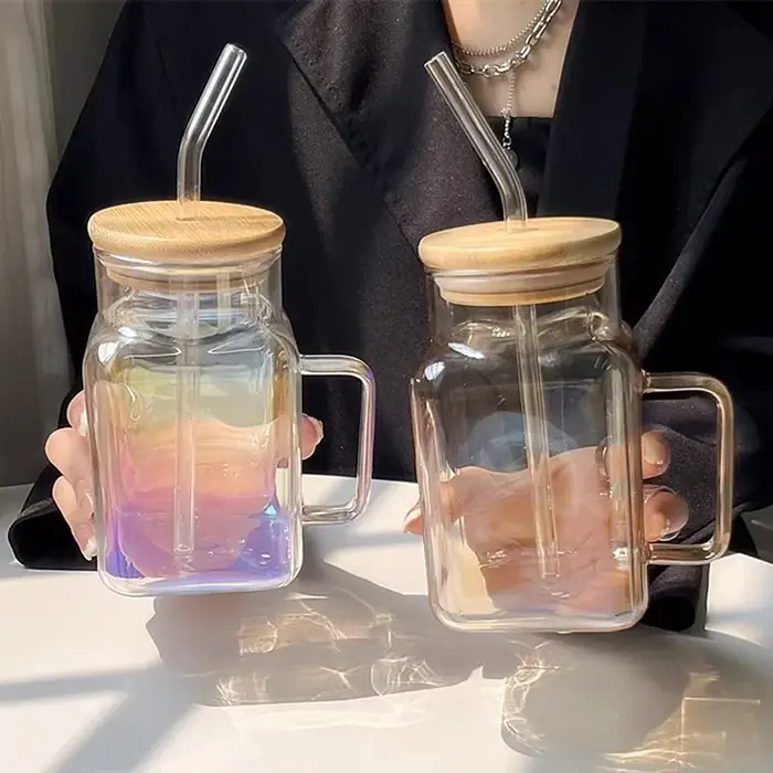 Tasse en verre portable avec couvercle en bambou pour fille