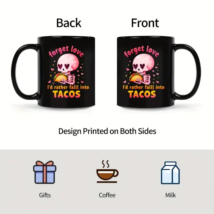 Une tasse en céramique noire avec un motif de torpille de crâne rose et le texte "Oufrez sur l'amour