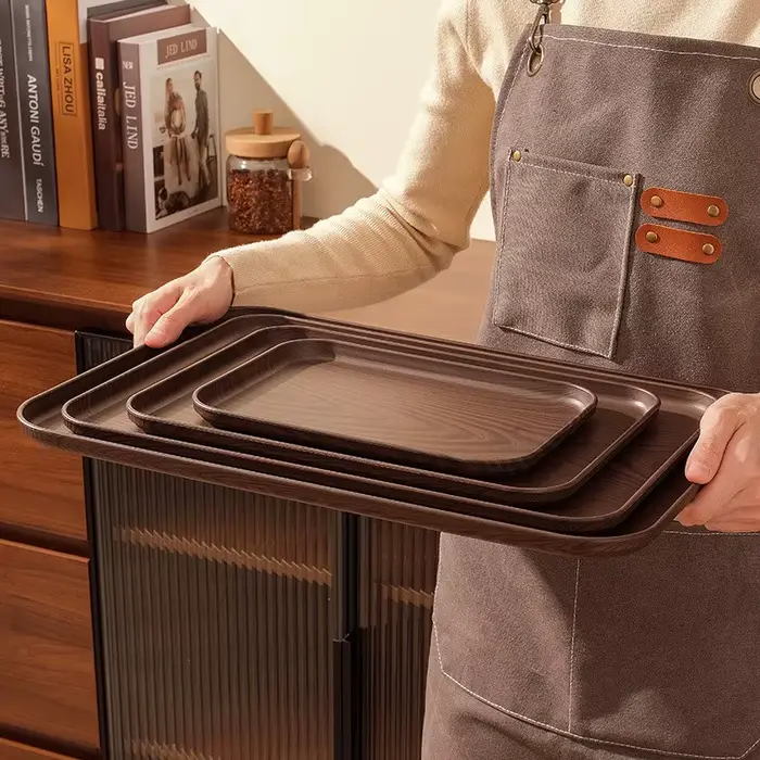 Plateau de service rectangulaire en plastique grain de bois