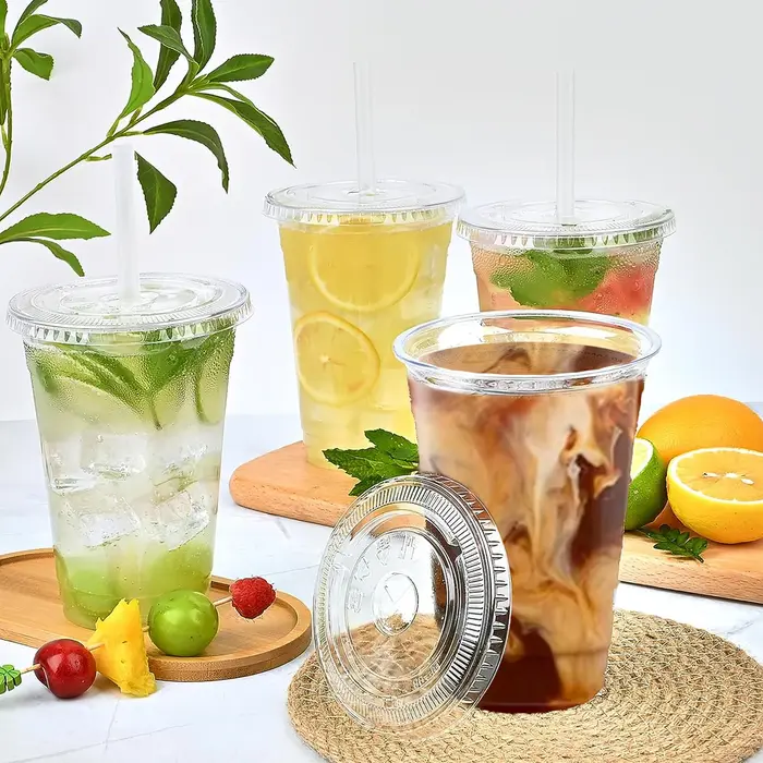 Gobelets en plastique transparent de 16OZ, 50 pièces, couvercles plats, gobelets jetables pour fête 