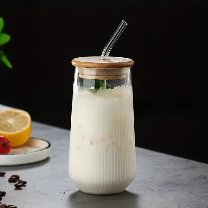 EllMORELA-Tasse en Verre Transparente à Rayures Verticales avec Couvercle