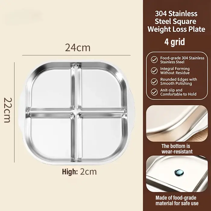 Assiettes à compartiments 1/4 en acier inoxydable 304, assiettes à salade, vaisselle, compatibles lave-vaisselle, accessoires de cuisine