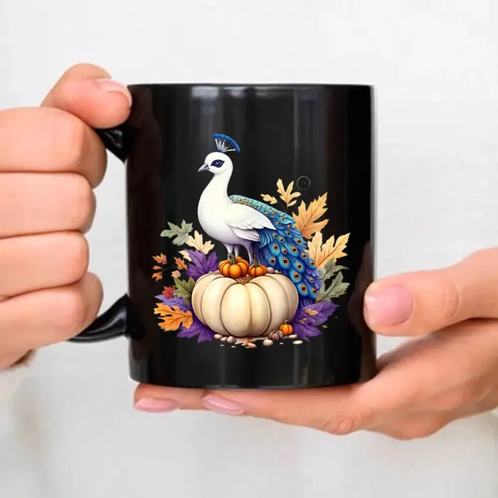 Tasse en céramique, motif de feuille d'automne paon noir et de citrouille, adaptée aux braks de café