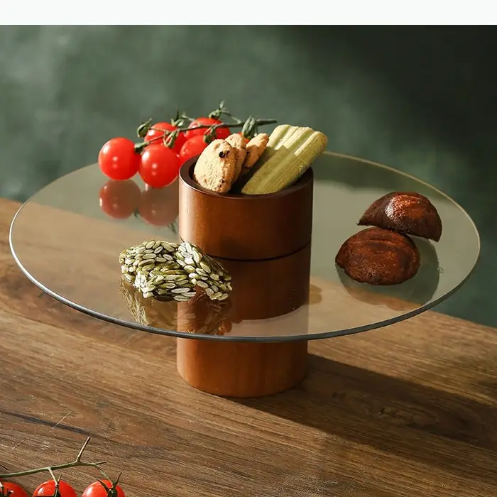 Plateau à gâteau en bois massif et verre, assiette à dessert sur pied, assiettes à pâtisserie, support à gâteau, assiette à fruits, plat à dim sum, assiette à pain, bol à snacks