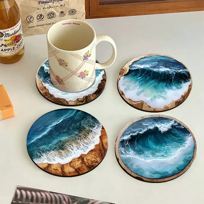 Ensemble de dessous de verre et de napperons ronds en bois bleu océan