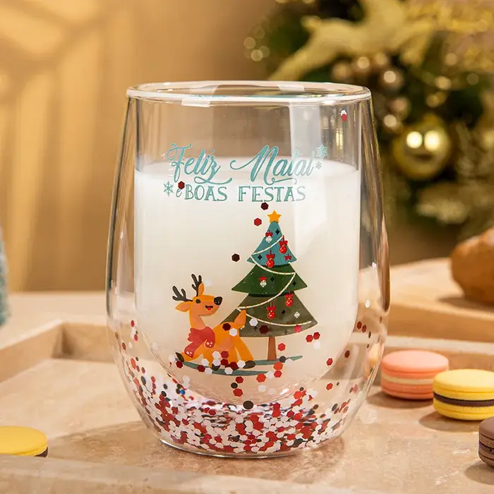 Tasses à café résistantes à la chaleur, tasse en verre à Double paroi, motif arbre de noël bonhomme 