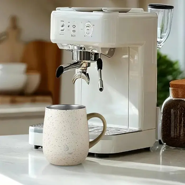 La tasse à café isotherme Ideus a une poignée et un couvercle. C'est