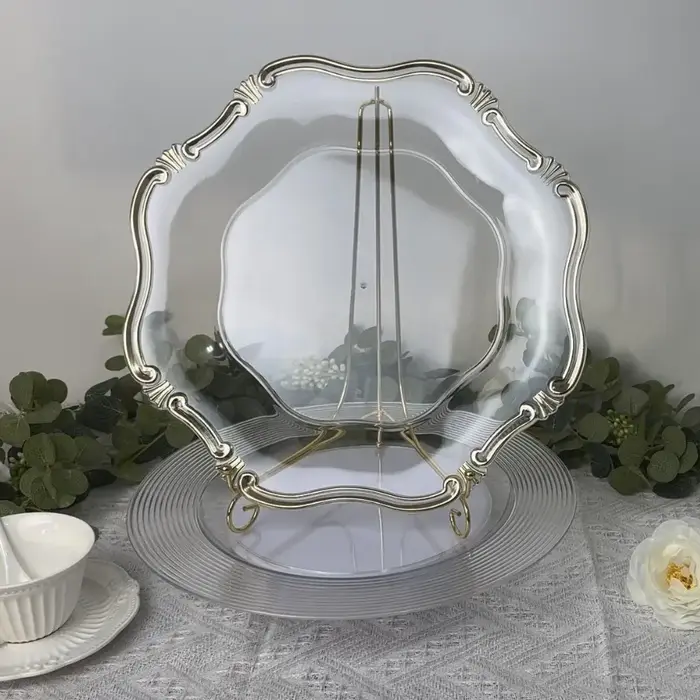 50 assiettes décoratives rondes transparentes avec bord doré