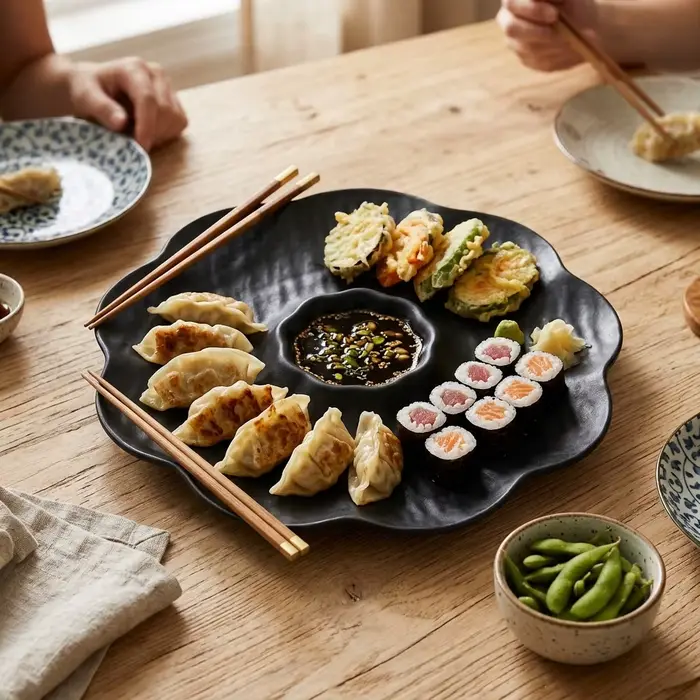 Plateau à dumplings japonais en plastique avec coupelle à sauce