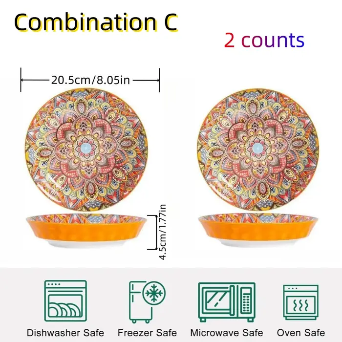 Assiettes en céramique Mandala Bohème, 4 pièces, 8 pouces, assiettes profondes, compatibles micro-on