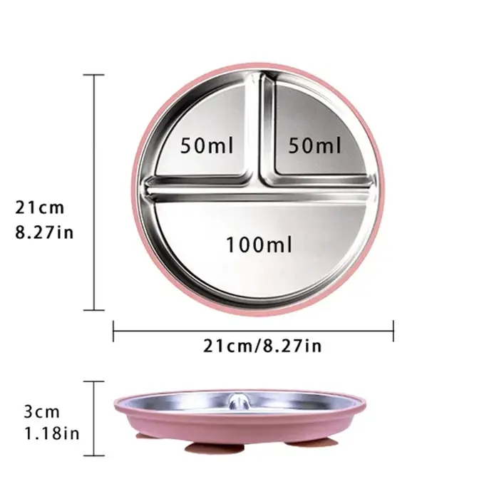 Vaisselle pour enfants en acier inoxydable 304 - Assiette divisée avec base d'aspiration en silicone pour la formation