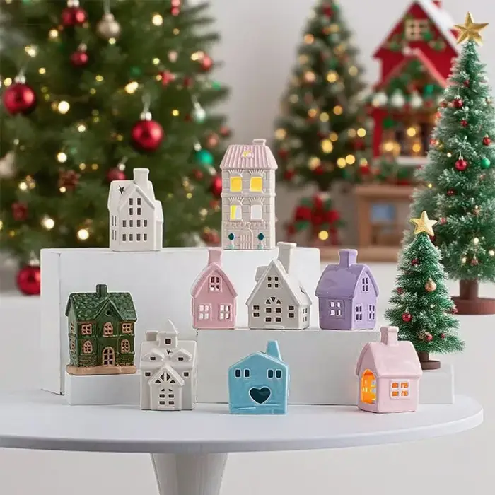 Décoration de noël porcelaine Miniature maison de Village lumière LED céramique château modèle
