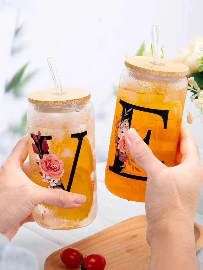 500ml Lettre Fleur A-Z Café standardisation Bureau Maison 16OZ Verre Tasse Avec Bambou Veds et Paille Anniversaire